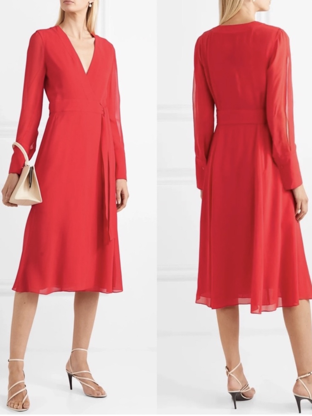 Akris Silk Crepe de Chine Wrap Midi Dress Carmine Red Mulberry Silk US 10
